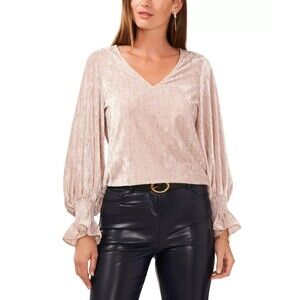 Vince Camuto Women's V-Neck Velvet Shine Blouson-Long-Sleeve Top Blouse Cream S